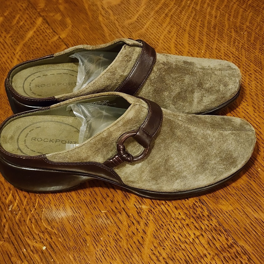 Rockport DMX Women 7 M Leather Suede Slides Mules Shoes Slides Brown Olive Green